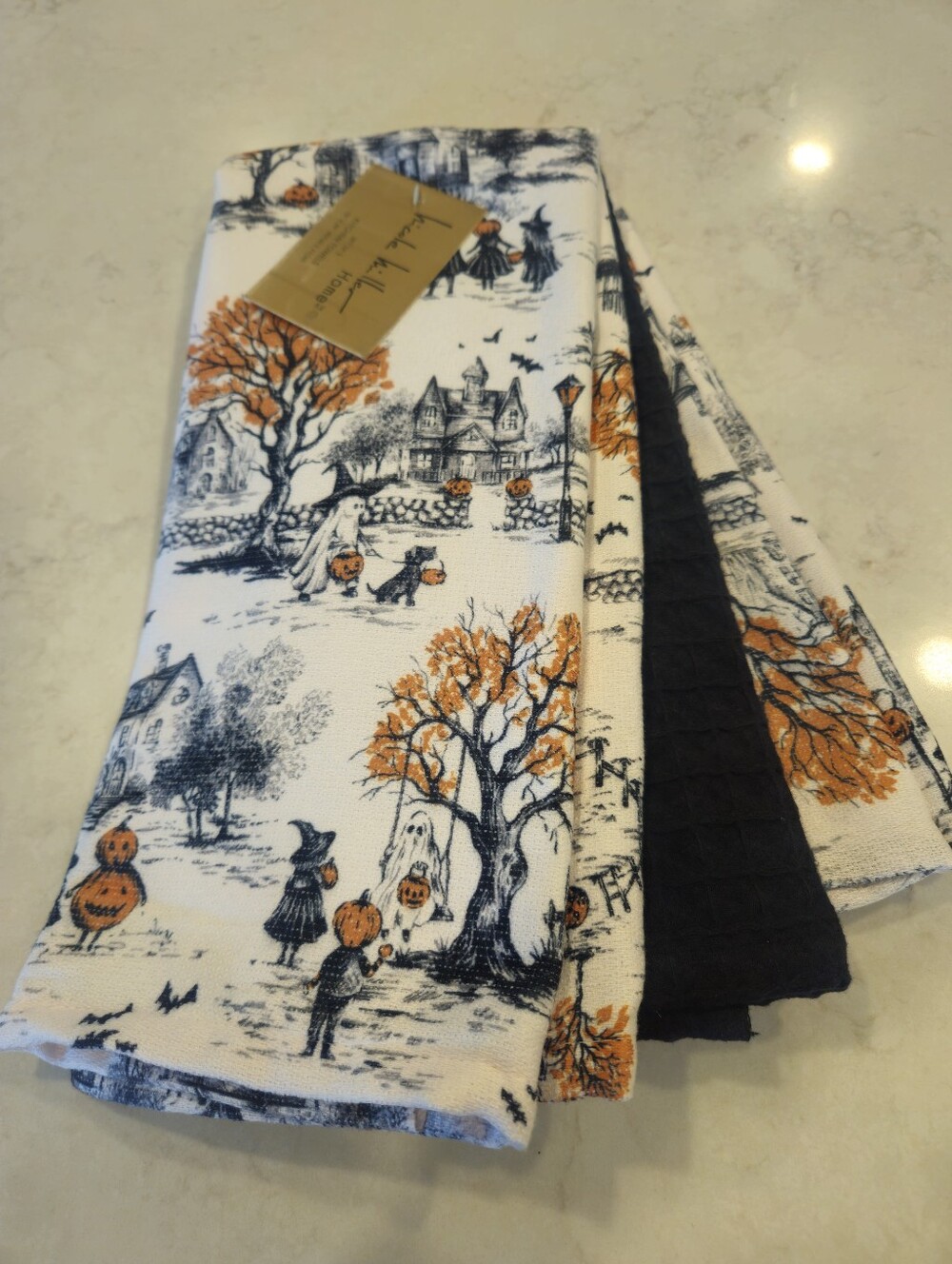 Nicole Miller Halloween Kitchen Towels Set of 3 Toile Ghost Witch Haunted House